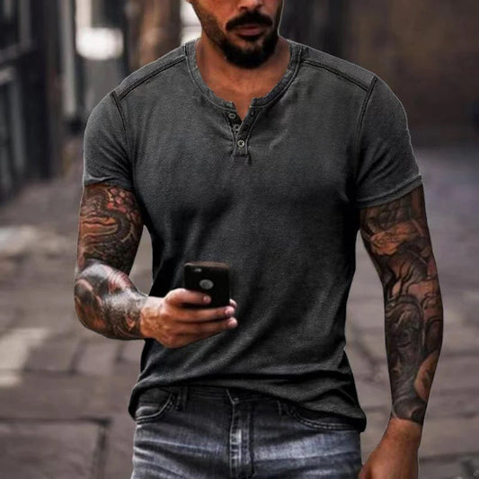 Camiseta informal de manga corta con cuello henley en color liso para hombre 55722222Y