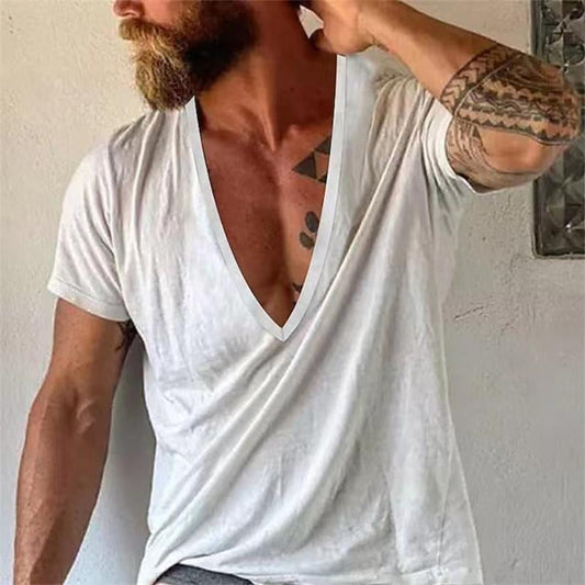 Envío en 24 horas: Camiseta informal de algodón transpirable de color liso con cuello en V y manga corta para hombre 19594146M