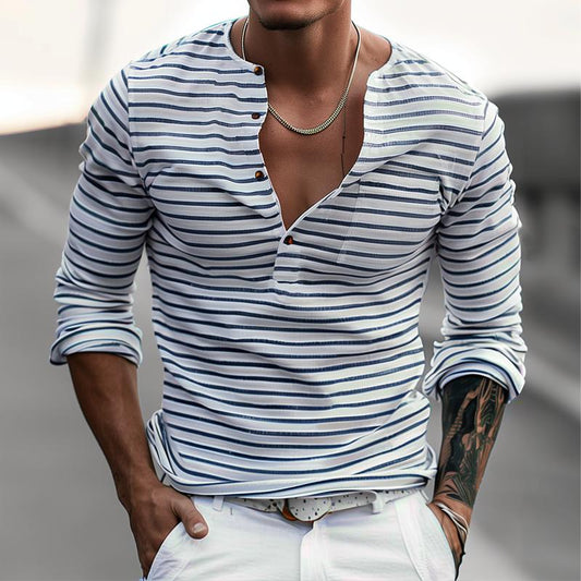 Camiseta informal de manga larga con cuello Henley a rayas para hombre 00046965Z